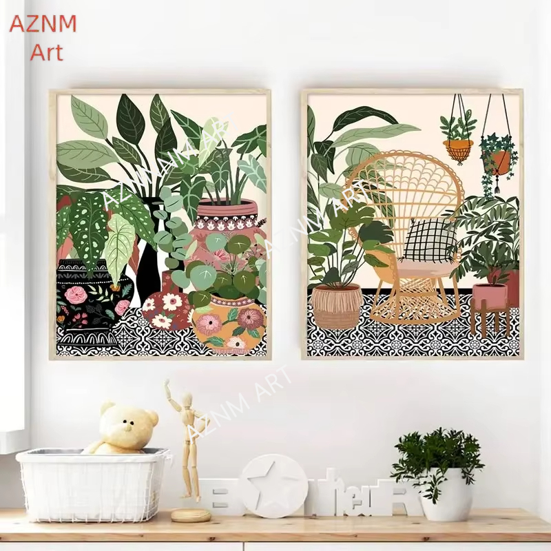 Home Decor Green - Moderne Wandkunst Leinwanddruck Nordische Griechische Fliesen