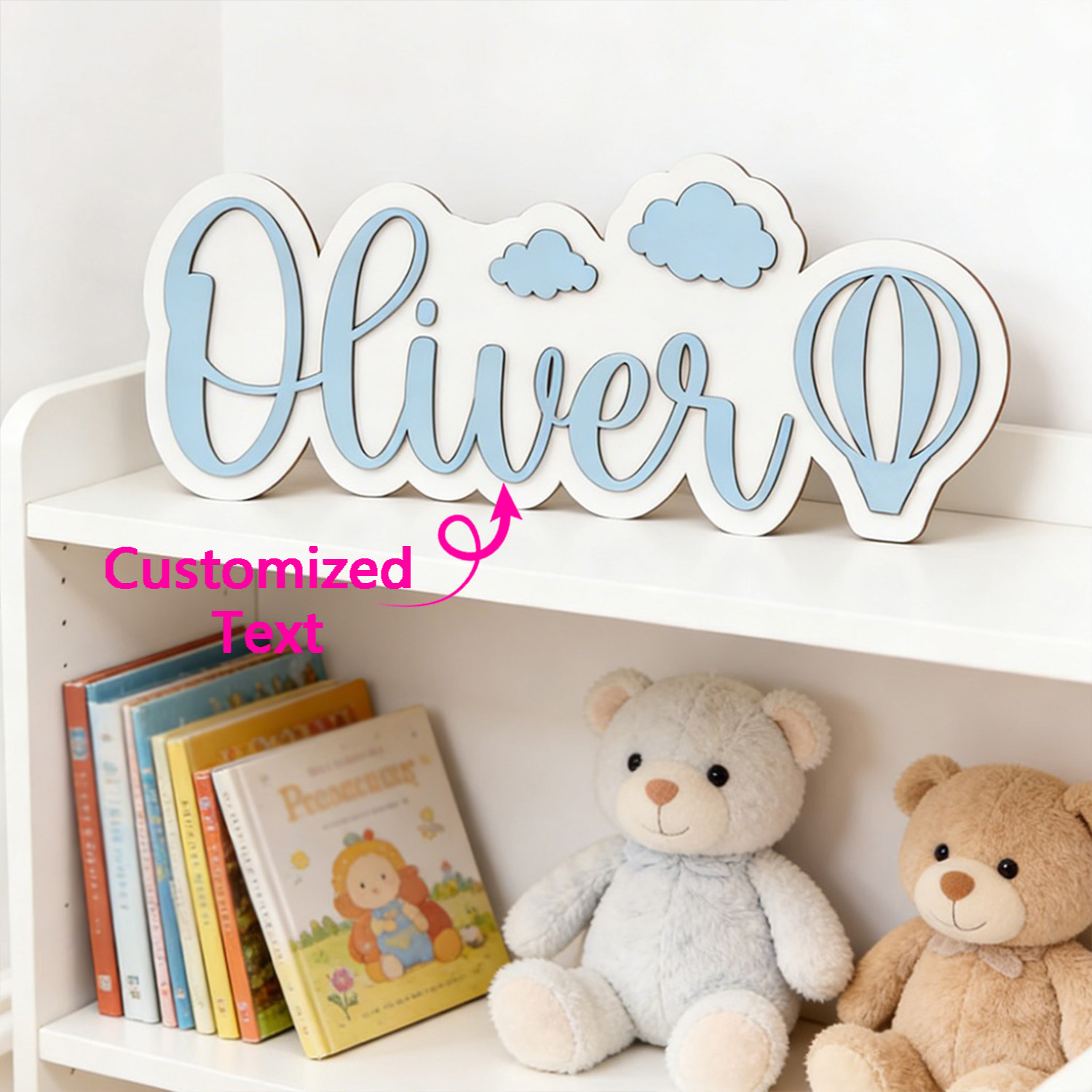 Home Decor Names - Personalisiertes Heißluftballon- & Wolken-Namensschild, Anpassbare Pastellblaue